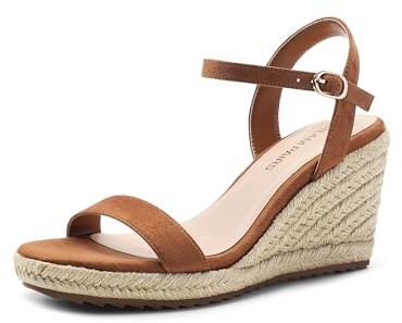 DREAM PAIRS Espadrilles con zeppa per donne, sandali estivi eleganti con punta aperta per donne con cinturino alla caviglia regolabile e plantare morbido, Marrone, 39.5 EU