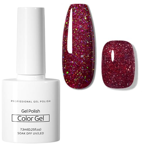 Red Glitter Gel Nail Polish, Burgundy Dark Red Gel Nail Varnish, Diamond Sparkly Shimmer Long Lasting Christmas Nail Polish, Soak off LED/UV Lamp Nail Art Manicure for Women