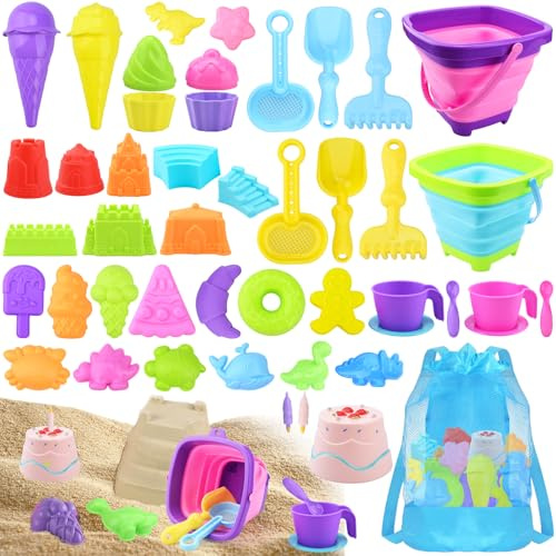USHOP 44 pezzi giocattolo per la sabbia per bambini, giocattolo da spiaggia, giocattolo da viaggio con secchio pieghevole, giocattolo da esterno per bambini, ragazzi, ragazze, età 3, 4, 5, 6, 7+