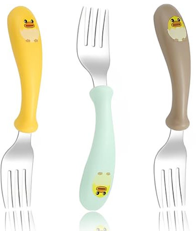 JEYORZY 3 Set Baby Besteckset| Kinderbesteck ab 1 jahr| Silikon KinderBesteck Edelstahl, Kinder Besteck, Kinder Gabeln Selbsternährend Baby Kleinkinder Gabel hält Anti-Choke-Design(Entlein)
