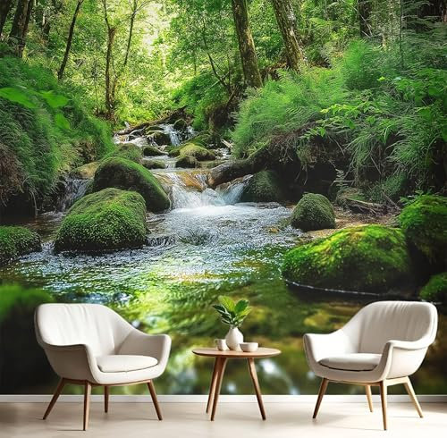 MIATCENRT 3D Paisaje Natural Papel Tapiz Fotográfico, Efecto Bosque Musgo Arroyo Papel Pintado Pared para Dormitorio o Salón 300Anx210Al cm, Ideal para la Decoración de Comedores, Salones, verde