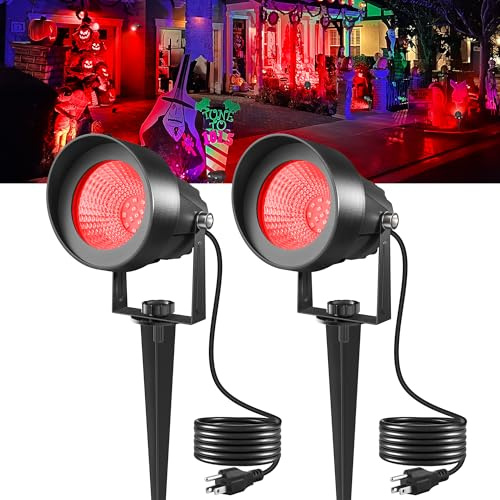 T-SUN Red Spotlight Outdoor, Waterproof LED Landscape Lighting with US Plug, Easy Install 270° Adjustable Outdoor Spot Lights for Garden Tree Yard Decor, Set of 2