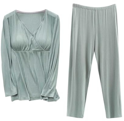 Stillpyjama Damen Lang Stillschlafanzug Baumwolle Umstandspyjama Lang Schwangerschaft Pyjama Set Stillfunktion Nachtwäsche Langarm Winter Umstandsmode Schlafanzüge Stillmode für Stillzeit (Green, L)