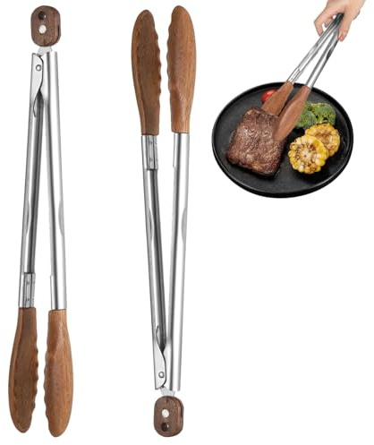 yeeplant Pinzas de madera de nogal de 12 pulgadas con puntas de acero inoxidable, pinzas resistentes al calor, ideales para asar y cocinar