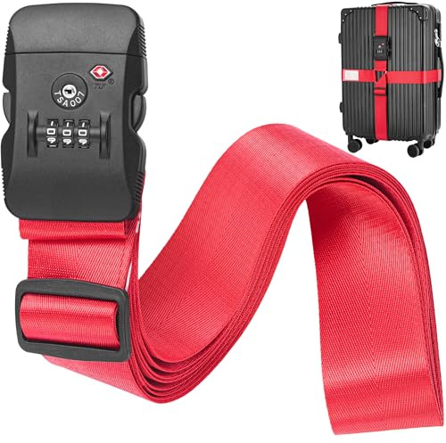 BlueCosto - Correa de Equipaje con Cerradura TSA - Ajustable de 2.2 a 4 m, Rojo Brillante - Cinturón de Seguridad para Maleta Aprobado por la TSA con Cerradura de Combinación de 3 Dígitos