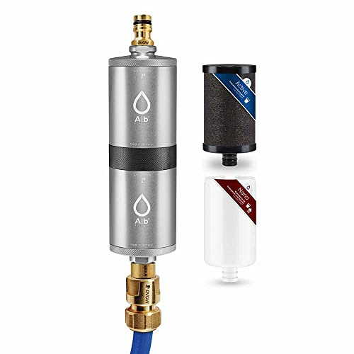 Alb Filter® FUSION Active+Nano Trinkwasserfilter gegen Schadstoffe und Keime | Mobil Gardena Anschluss-Set | Made in Germany (Alu - Silber ohne Koffer)