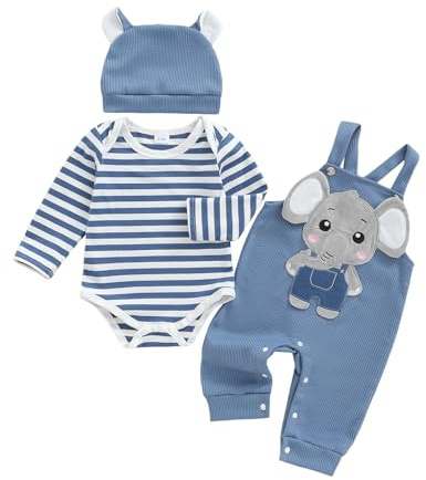 Yassiglia Infant Baby Boy Outfit, Long Sleeve Romper + Animal Embroidery Overall Set Cotton Newborn Baby Clothes 0-18 Months Gift