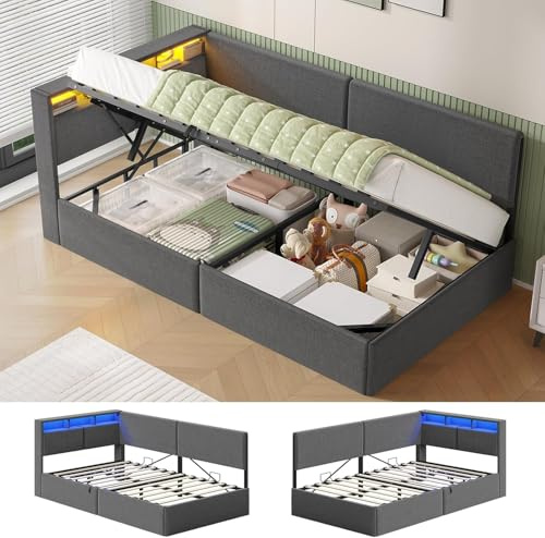 AOGLLATI Letto Singolo con Contenitore Idraulico 90x200, Divano Letto Singolo con Testiera Imbottita y Luce LED Regolabile, Struttura Letto Singolo con Stazione di Rricarica, Salvaspazio, Grigio Scuro