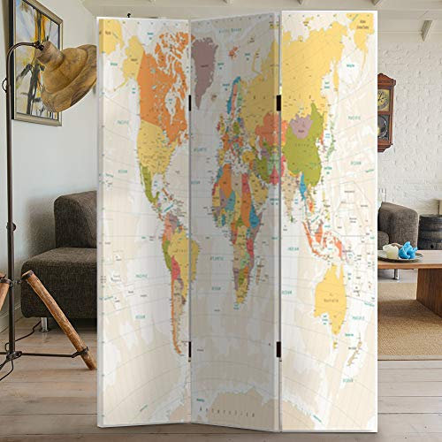 Bakaji Paravento Separè Struttura in Legno Rivestimento in Tela Con Stampa Fronte Retro Mappamondo Divisorio Richiudibile Pieghevole (180 x 120 cm 3 Pannelli)