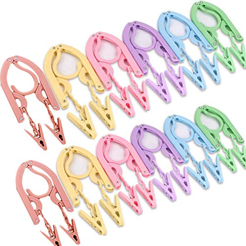 YOUOWO 12Pcs Travel Hangers Multicolor with 24Pcs Clips,Portable Foldable