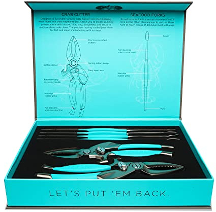 Toadfish Crab & Lobster Seafood Tool Set - 2 Shell Crackers With Cutters & 4 Multi-Use Forks - Non-Slip Grips - Stainless Steel - Built-In Bottle Opener - Makes A Beautiful Gift