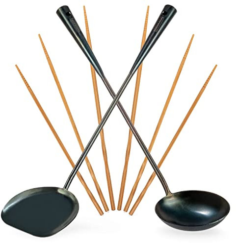 YOSUKATA Pre-Seasoned Wok Utensils Set - Blue Carbon Steel 17-inch Wok Spatula, Wok Ladle, 3 Pairs of Chopsticks - Durable Wok Accessories - Traditional Asian Cooking Tools - Wok Tools