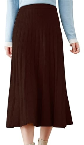 Beralst Gonne midi da donna in maglia plissettata con maglione, Caffè, L