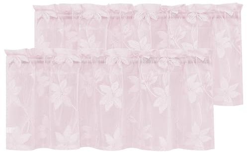 DWCN 2 Pack White Floral Lace Valances for Kitchen - Rod Pocket Half Window Sheer Curtains for Small Window Living Room Cafe, 42 x 18 inch, Sakura Pink