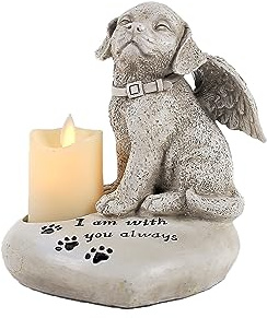 FIYSON Décoration funéraire en forme de chien - Résistant aux intempéries - En résine - Avec inscription en allemand - Avec bougies électroniques - Statues de chien avec ailes d'ange - Inscription : I