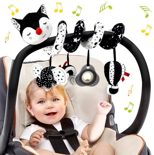Kulveanju Kinderwagen Spielzeug Baby, Babyschale Autositz Bett Activity Spirale Spielzeug, Neugeborenen Schwarz Weiss Kontrast Spielzeug Geschenk für Mädchen & Junge 0 3 6 9 12 Monate, Fuchs
