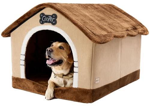 Jiupety Indoor Dog House with Frame, Large Dog Cave Bed, Insulated Cozy, Suitable for 50-90 lb, Jumbo (38×30×28), Brown