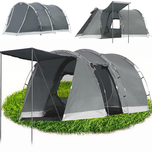 Camping Zelt 4 Personen Zelte 5000mm wasserdichte Tunnelzelt Familienzelt Gruppenzelt Vorzelt Sonnensegel Tipi-Zelt Groß Campingzelt mit Schlafkabine Glamping-Zelt mit abnehmbarem Zeltboden szary