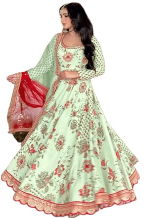 Fashion Gizz Indian Pakistani Frok Bollywood Salwar Kameez Kurti Set Party Wear Top Tunic Multi-Color Green, M