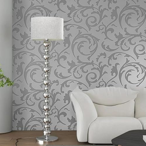 Swehooirt Silver Grey Wallpaper for Living Room Feature Damask Bedroom Wallpaper for Adults Retro Leaf Slight Glitter Kitchen Wallpapers for Hallway Dining Room