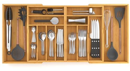 Suli Organizador de cajón de cubiertos extra grande, divisor de bandeja ajustable para cuchara de cocina/tenedor/cuchillo, Medidas 91(en plegado 54) x 40 x 6,8 cm, Bambú natural,13 compartimentos