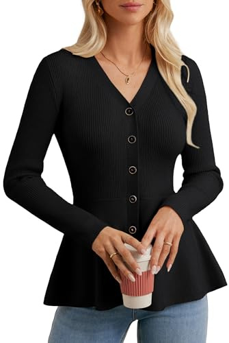 GRACE KARIN Women Black Button Up Cardigan Sweaters, Long Sleeve Knit Blazer Trendy, Business Casual Peplum Tops M
