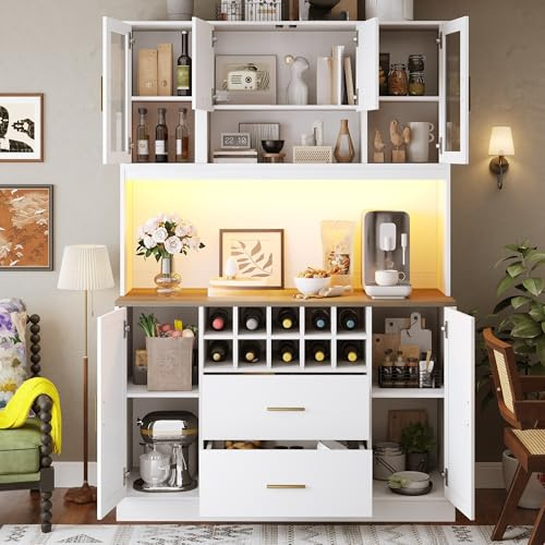 LAKFEW Aparador Cocina Alto con Luz LED y Enchufe, Alacena de Cocina Despensa con Botellero y 2 Cajones, Armario Cocina Almacenaje con 6 Puertas y Dispositivo Antivuelco, 120x36.3x180 cm, Blanco