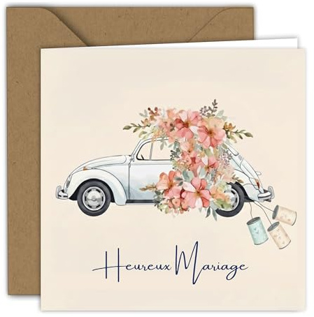 Edition Colibri Carte de mariage - Illustration voiture fleurs | Carte pliée (15x15 cm) – avec enveloppe kraft – Intérieur vierge