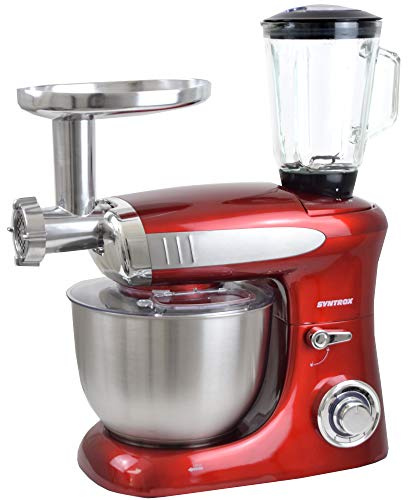 Syntrox Germany KM-1300W Red de Luxe Küchenmaschine Knetmaschine Mixer mit Fleischwolf, Edelstahl-Behälter, 6,5 Liter, rot