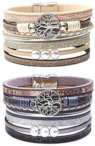 Lederarmband Damen Leder Wickelarmbänder Baum des Lebens Armband mit Magnetverschluss aus Edelstah Bracelet für Frauen & Mädchen (Z-Beige + Grau)