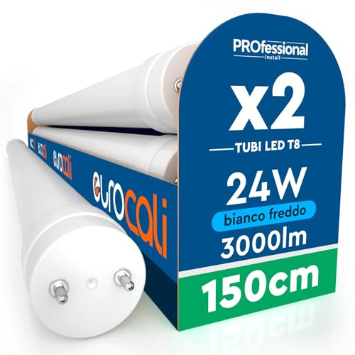 Eurocali 2 Tubi LED 24W 150cm T8 G13 SMD con Starter 3000 Lumen Garanzia 3 Anni - Luce Fredda 6500K - Alta Luminosità 125 lm/W - Materiale Nano Plastic Sostituzione Neon per Soffitto Garage Negozio