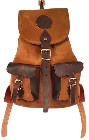 Mochila de caza en serraje y piel, con dos bolsillos frontales