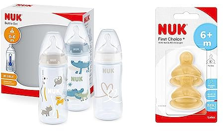NUK First Choice+ Baby Bottles Set | 0-6 Months | Temperature Control | Anti Colic Vent | 300 ml & First Choice+ Baby Bottle Teat, 6-18 Months, Latex with Large Feed Hole, Anti-Colic, 2 Count