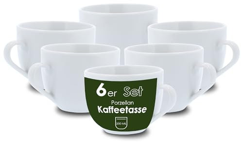 Level One 6 Stück Kaffeetasse 250ml aus hochwertigem Porzellan, Kaffeetasse in weiß, Kaffeebecher mit Henkel, Spülmaschinen- & Mikrowellengeeignet