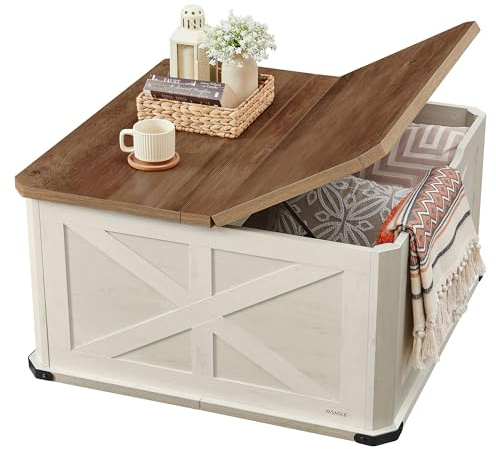 VASAGLE LIRY Collection - Farmhouse Coffee Table with Storage, Square Center Coffee Table for Living Room, with Hidden Compartment, Flip-Top Lids, Honey Brown and Rustic White ULCT232W73