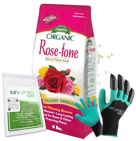 Espoma RT8 Organic Rose-Tone 4-3-2; 8 lb. Bag for All Types of Flowering Plants; with My Garden Pool PH Soil Test Strips 20 ct, and Gardening Claw Gloves and Garden-IQ, Smart Gardening AI Assistant!