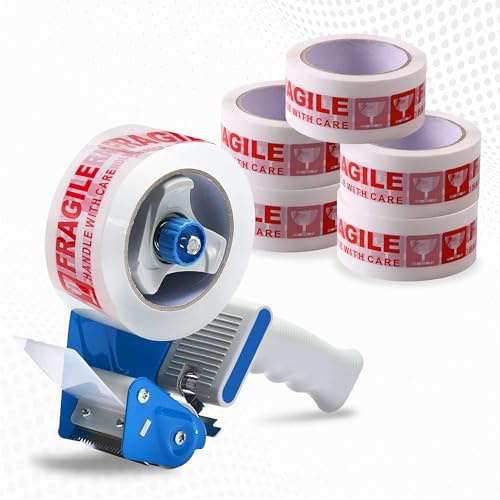G4GADGET Packaging Tape Dispenser - Pack of 6 Fragile Rolls - 48MM x 66M - Heavy Duty Packing Tape with Dispenser - For Parcel Boxes