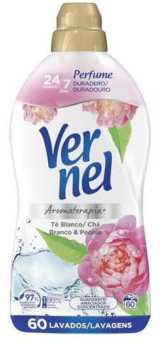 Vernel Suavizante Concentrado para la Ropa Aromaterapia Té & Peonia (60 Lavados), suavizante de ropa para una experiencia aromática de hasta 200 días, suavizante líquido
