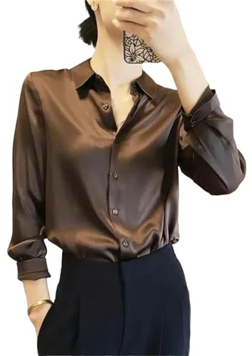 CUTSUGOK Camicia Donna Elegante Camicia da Donna Elegante Camicie da Ufficio Crepe Satin Bluse Business Ladies Top-Cioccolato-s