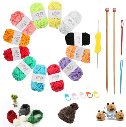 SKJAXF 21pcs Knitting Kit, Beginners Adults Children Knitting Set, Coloured Knitting Set with 12 Colour Yarn, 1 Crochet Hooks, 1 Needles, 5 Crochet Locking Stitch Markers, 2 Bamboo Knitting