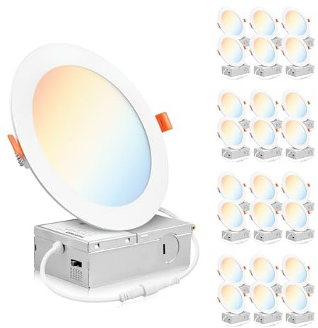PARMIDA (24 Pack) 6 Inch 5CCT Ultra-Thin LED Recessed Ceiling Light with Junction Box, 5 Color Selectable 2700K/3000K/3500K/4000K/5000K, 12W, Dimmable Canless Wafer Slim Panel Downlight, IC Rated, ETL