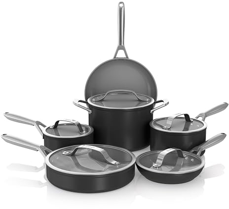 Ninja NeverStick Ceramic Pro 11-Piece Cookware Set, Non-Stick Pots and Pans, Glass Lids, Ceramic Coated, Stainless Steel, Stove to Oven Safe, All Stovetops, Induction Compatible, Black, CW39011BK