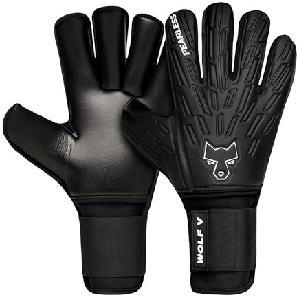 FEARLESS GOALKEEPERS Wolf V Onyx Torwarthandschuhe - Atmungsaktive Fußball-Handschuhe mit Fingerprotektion, Rutschfester Griff, Rollfinger-Schnitt und Abnehmbare Schienen – Für Erwachsene und Kinder