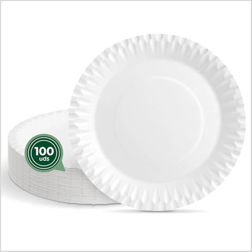 Maxi Products - 100 Platos de Cartón Desechable - Ø 23 cm - Plato Vajilla - Plato Redondo Cartón Desechable - Platos para Catering, Eventos y Celebraciones - APTO ALIMENTARIO
