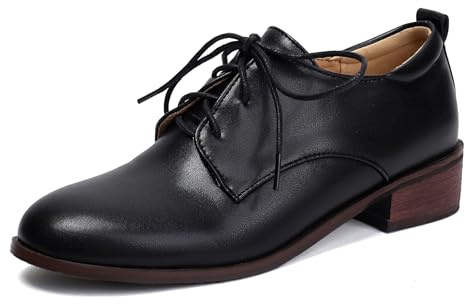 Gicoiz Brogue Oxford Derby Femme Bout Rond Lacets Travail Pumps Ville Low Bloc Formal Chaussures de Bureau Vintage Noir Taille 38 EU-39Cn