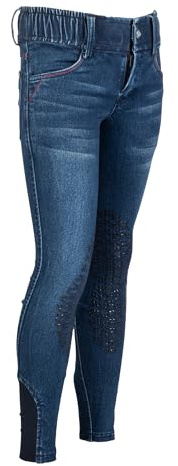 HKM Unisex Kinder Aymee Denim- Silikon-Kniebesatz Reithose, Dunkelblau, 146/152