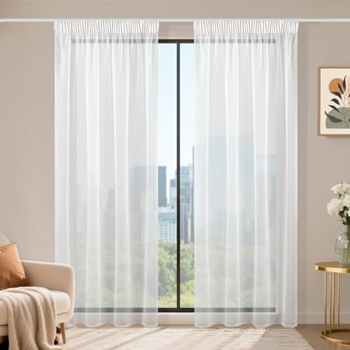Runyéla Stores Gardiner med veckband set om 2, voile skjutgardiner 200 x 140 (H x B), transparent gardin, vit, gardiner för vardagsrum, sovrum, sheer gardin