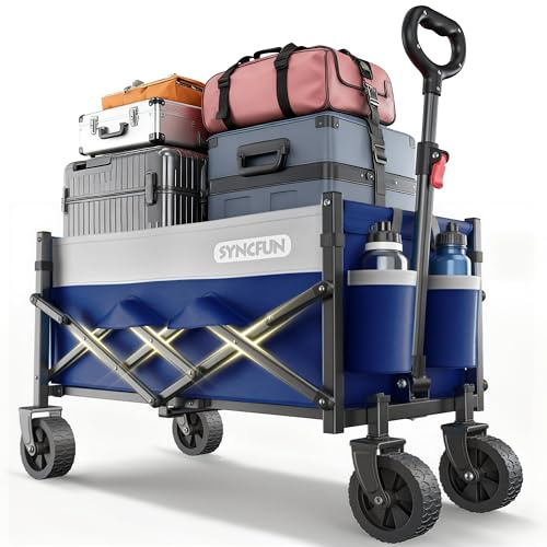 SYNCFUM Collapsible Wagon-carts med hjul, tung vikt 250 pund vikbar vagn med flexibla handtag, strandutrustningsvagn för trädgård, camping och grocery blå