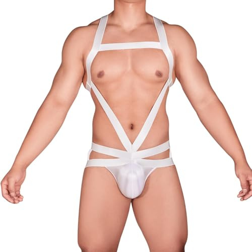 GENEMEN Mens Sexy Body Chest Harness Shoulder Straps Bodysuit One Piece Jumpsuit G-String Thongs (B-White)
