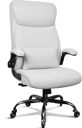 BASETBL Chaise de bureau ergonomique en tissu avec dossier haut double courbe, roulettes en caoutchouc, soutien lombaire indépendant, verrouillable à 3 positions, accoudoirs pliables, EN12520